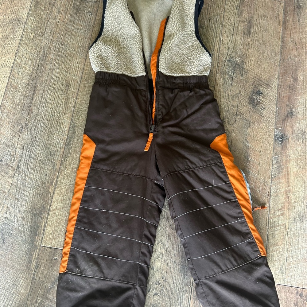 Columbia Snow Pants Fleece Upper Zip Up Velcro at Shoulder Brown Tan Orange sz 4